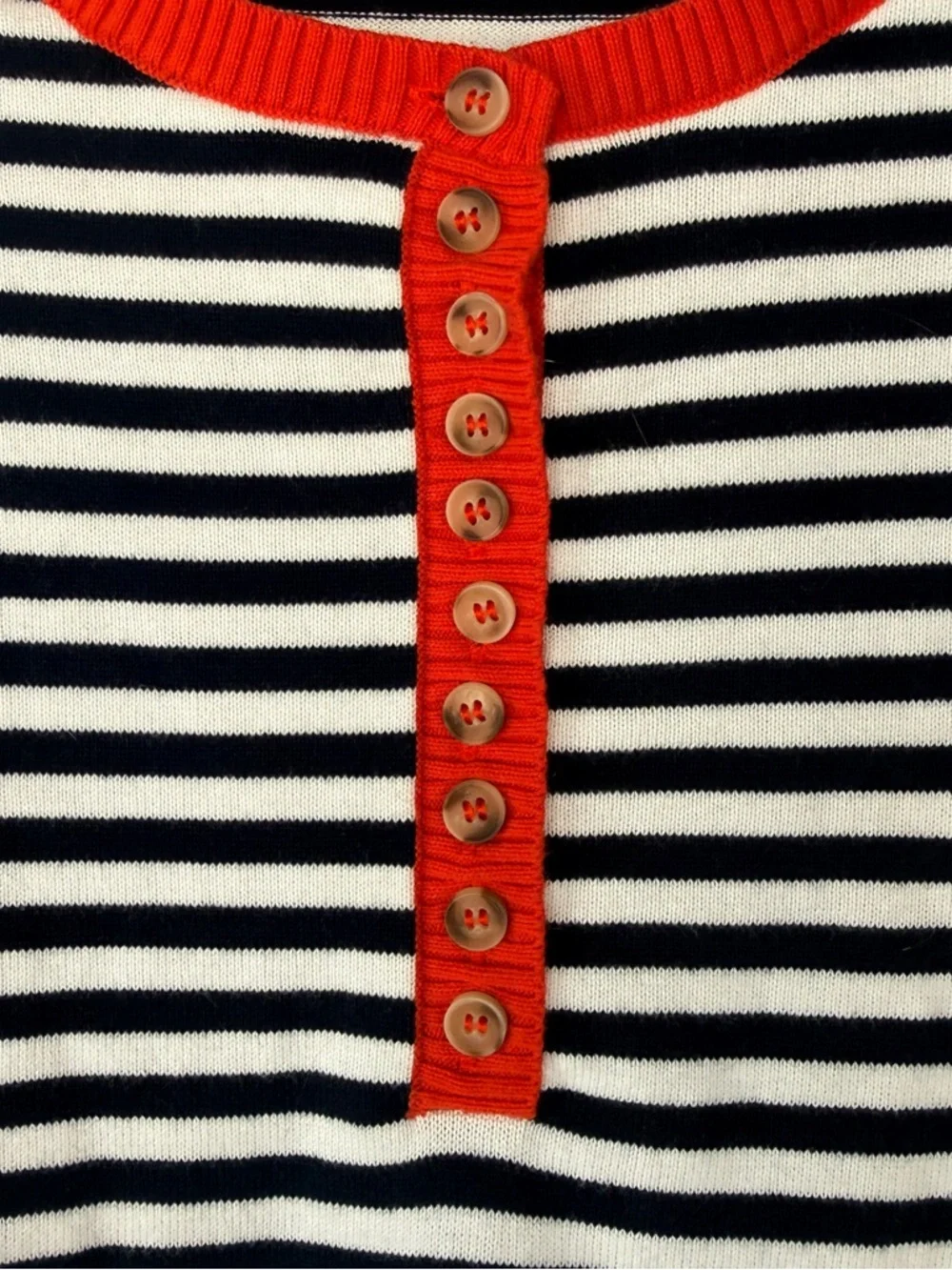 Navy & White Striped Crewneck Sweater with Red Trim